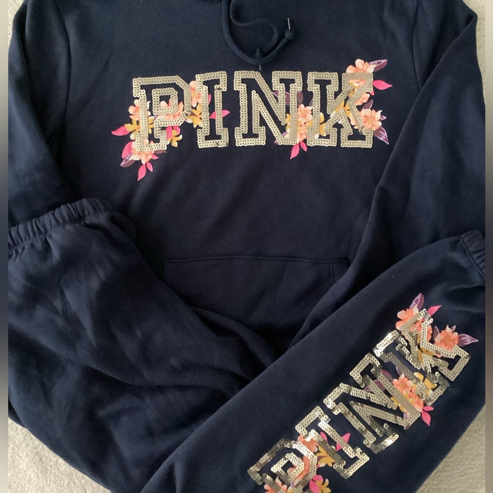 Victoria’s Secret PINK BLING Floral Hoodie Shirt Jogger Pants Set Ensign L NWT